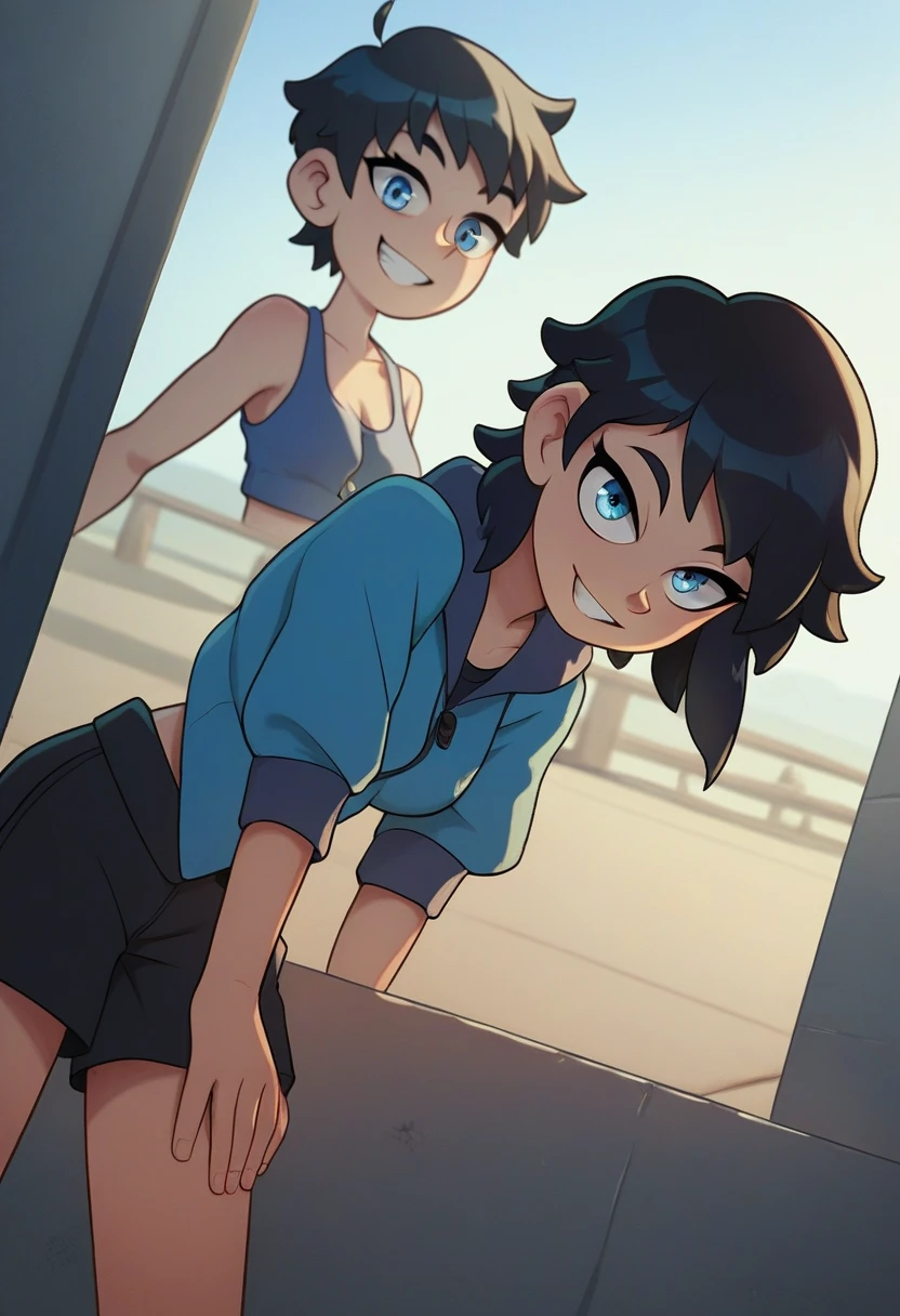 score_9, score_8_up, score_7_up, source_anime, best quality, clear face,skinny cool bright tomboy girl,black hair, blue eyes, medium hair, medium breasts, perfect body, s, looking at viewer, cool smile, mini black shorts,blue shirt underneath plain blue jacket,summer, dynamic angle,two hair strains on sides,medium hair,middle part,baggy clothes