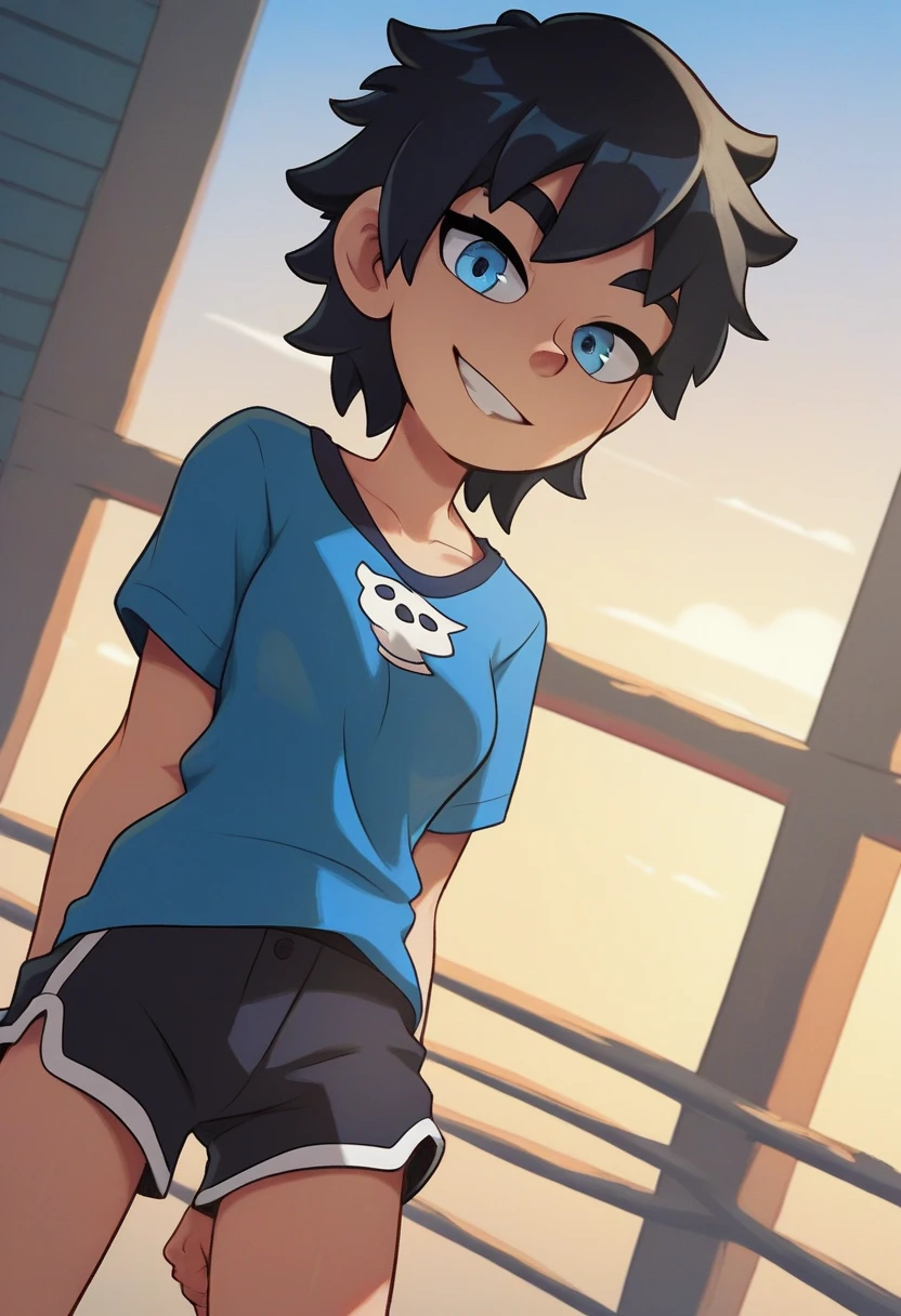 score_9, score_8_up, score_7_up, source_anime, best quality, clear face,skinny cool bright tomboy girl,black hair, blue eyes, medium hair, medium breasts, perfect body, s, looking at viewer, cool smile, mini black shorts,blue shirt underneath plain blue jacket,summer, dynamic angle,two hair strains on sides,medium hair,middle part,baggy clothes