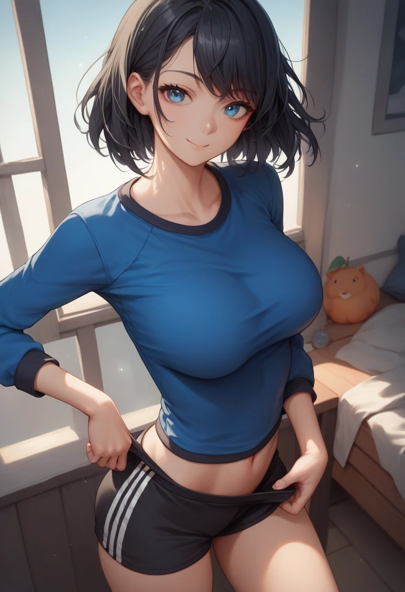 score_9, score_8_up, score_7_up, source_anime, best quality, clear face,skinny cool girl,black hair, blue eyes, medium hair, large breasts, perfect body, s, looking at viewer, cool smile, mini black shorts,blue shirt,summer, dynamic angle,two hair strains on sides,medium hair,middle part,tight clothes,Pants Down Barely Covered puss,sexy,sexy pose, undressing 