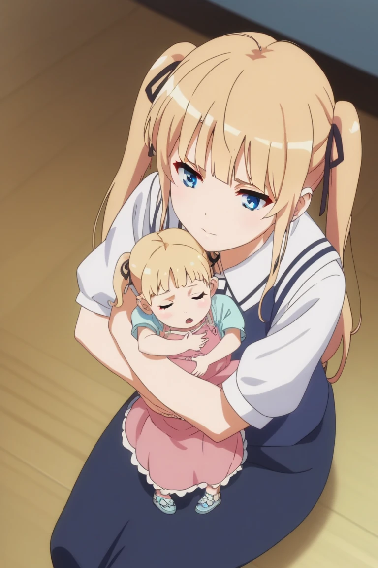 1girl,Eriri blonde hair,blue eyes,sawamura spencer eriri,long hair, twintails,black ribbon, small breast,      High Resolution, Masterpiece, High Quality,  anime screencap,  dynamic angle, takeda hiromitsu style,       , mother and baby, small girl,hugging up, ((baby with black hair)) 