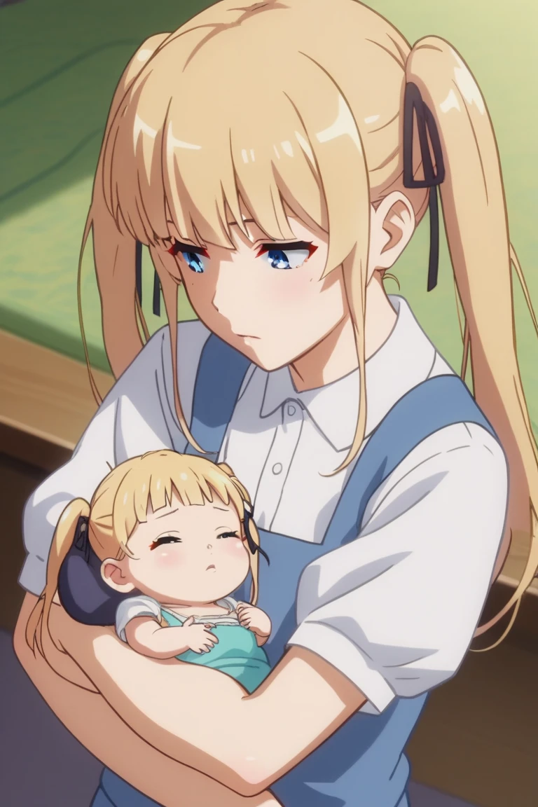 1girl,Eriri blonde hair,blue eyes,sawamura spencer eriri,long hair, twintails,black ribbon, small breast,      High Resolution, Masterpiece, High Quality,  anime screencap,  dynamic angle, takeda hiromitsu style,       , mother and , small,hugging up, ((baby withck hair)) 