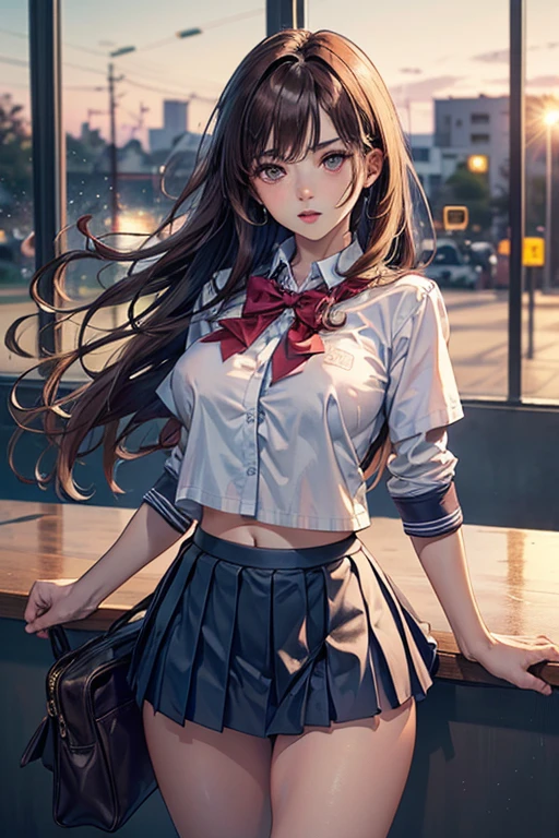 (2girls), Brown hair, Amazing face and eyes, Pink eyes, (hi-school uniform with wide open breasts:1.2), beautiful big breasts, bare breasts, (amazingly beautiful girl), Brown hair, (High School Uniform, Pleated mini-skirt:1.5), ((Best Quality)), (Ultra-detailed), (extremely detailed CG unified 8k wallpaper), Highly detailed, High-definition raw color photos, Professional Photography, (((Bokeh))), depth of fields,