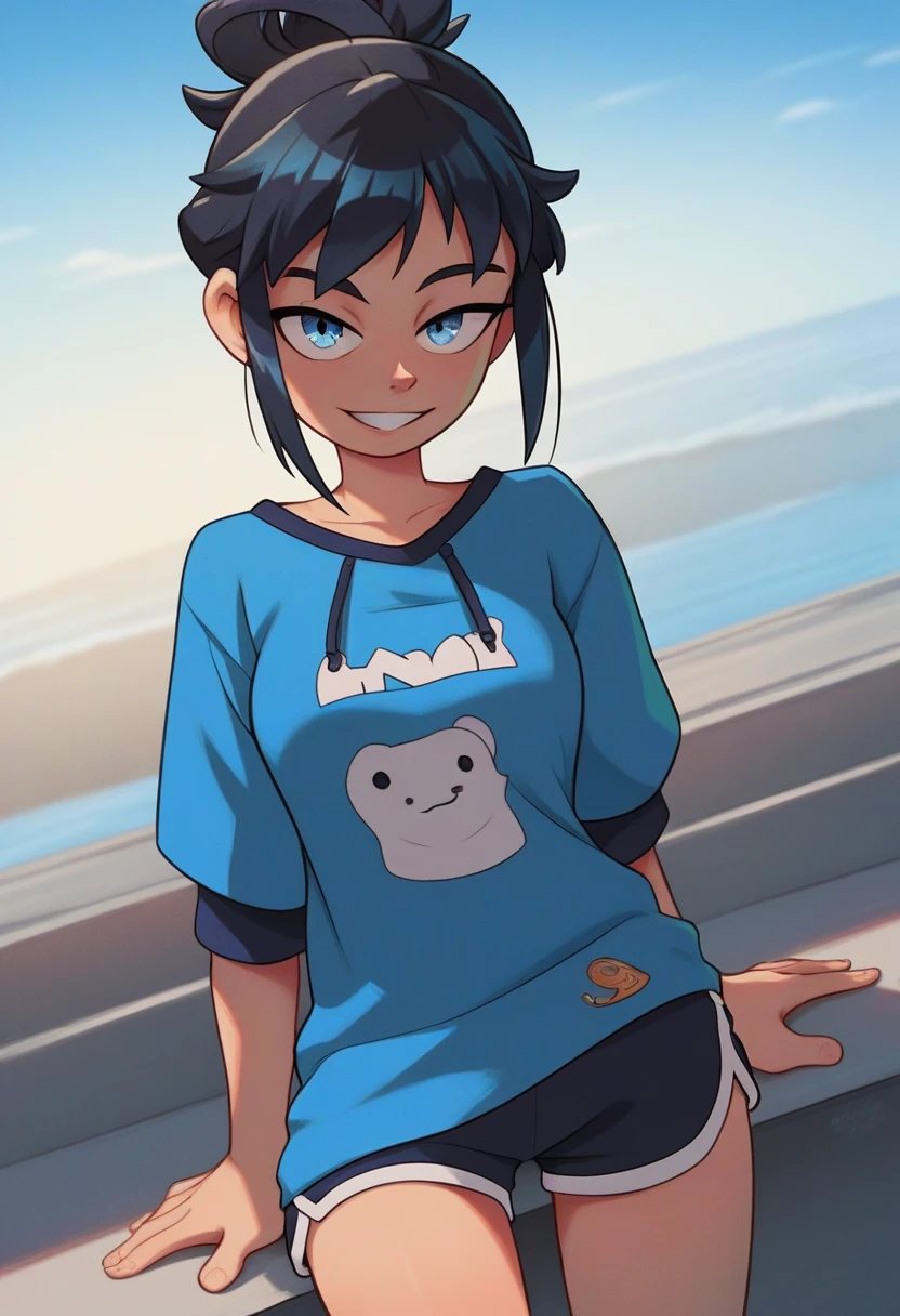 score_9, score_8_up, score_7_up, source_anime, best quality, clear face,skinny cool bright tomboy girl,black hair, blue eyes, medium hair, medium breasts, perfect body, s, looking at viewer, cool smile, mini black jumper shorts,blue shirt underneath plain blue jacket,summer, dynamic angle,two hair strains on sides,medium hair,middle part,baggy clothes