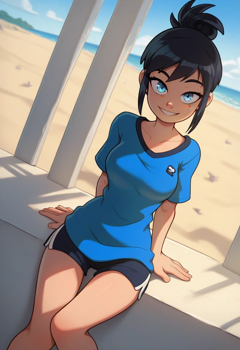 score_9, score_8_up, score_7_up, source_anime, best quality, clear face,skinny cool bright tomboy girl,black hair, blue eyes, medium hair, medium breasts, perfect body, s, looking at viewer, cool smile, mini black jumper shorts,blue shirt underneath plain blue jacket,summer, dynamic angle,two hair strains on sides,medium hair,middle part,baggy clothes