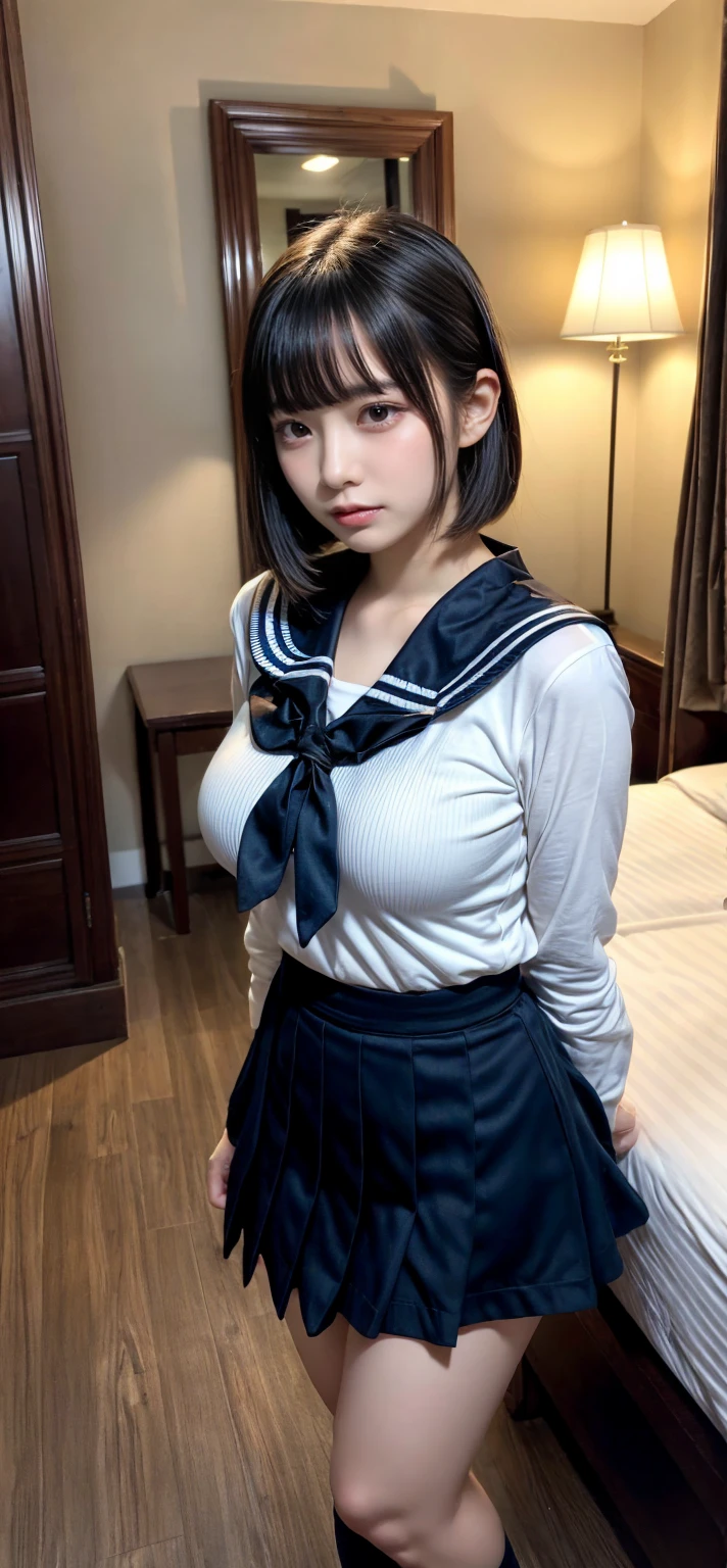 masterpiece, best quality, illustration, Super detailed, fine details, High resolution, 8K,wall paper, perfect dynamic composition,(Details High quality, realistic depiction of eyes:1.3), Black Sailor Uniform, serafuku, Navy pleated skirt, huge breasts, short bob hair, black hair color, Big Natural Color Lip, bold sexy pose, crying a little、 Harajuku style、20 year old girl、cute type、lolita、beautiful legs, hotel room, full body photo、focus on crotch, hposing Gravure Idol