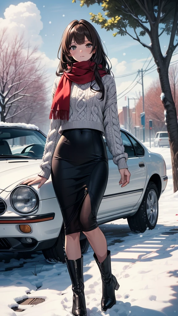 ((masterpiece, best quality:1.3, high detail)), beautiful woman, looking at viewer, long hair, (dark brown hair), solo focus, one person, (white sweater, red scarf, ((long black skirt))), long pencil skirt, boots, outdoors, (cloudy sky, snow), (lower body), (realistic), (realism), (ultra detailed), park, tree,