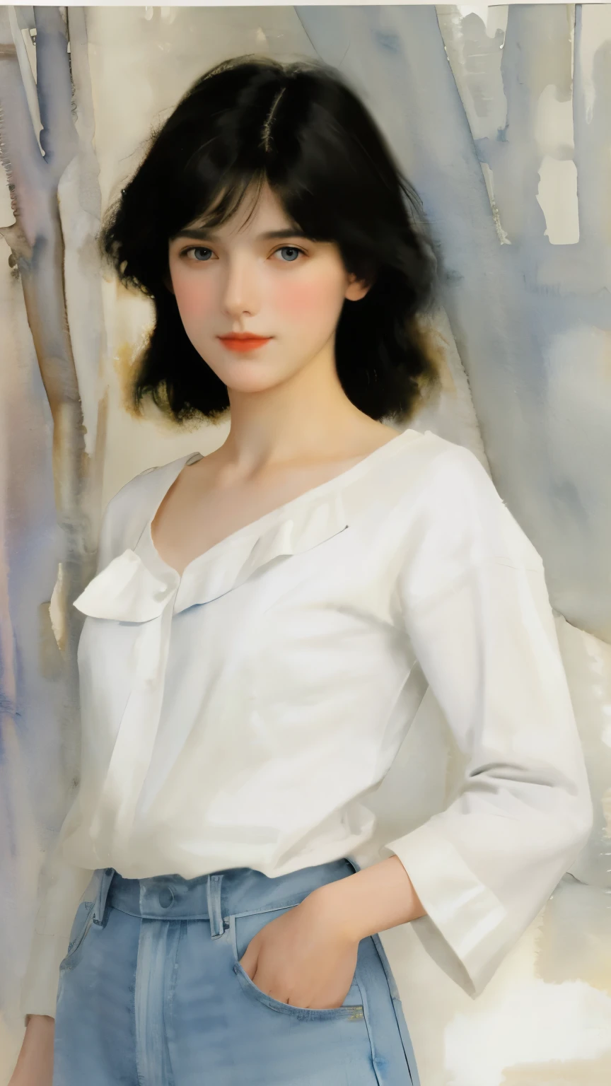 (Sargent style watercolor)、( top quality、  Masterpiece )、  European and American Women &#39;  s Painting Art  ，Big Stroke， Simple Brush Strokes ，Sargent Art  ，textured