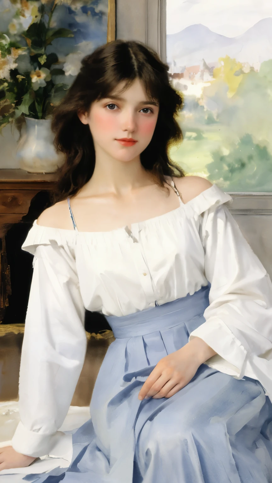 (Sargent style watercolor)、( top quality、  Masterpiece )、  European and American Women &#39;  s Painting Art  ，Big Stroke， Simple Brush Strokes ，Sargent Art  ，textured