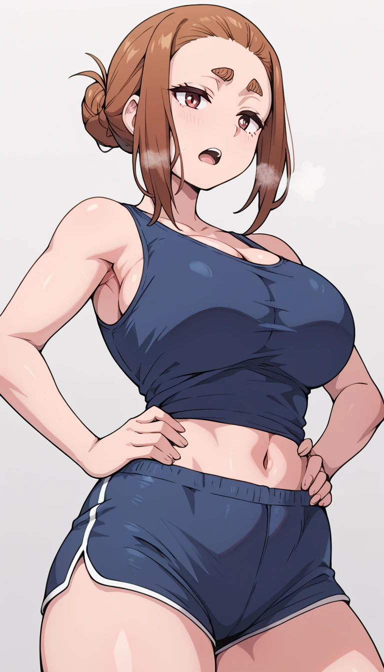 sumireko ogawa, 1girl,single bun,thick eyebrows, curvy body, curves, big breasts DDD+, hands on hips, red face, tired expression, dark blue sports tank top, dark blue shorts, tight shorts, open mouth, out of breath, steam coming out her mouth, half body shot