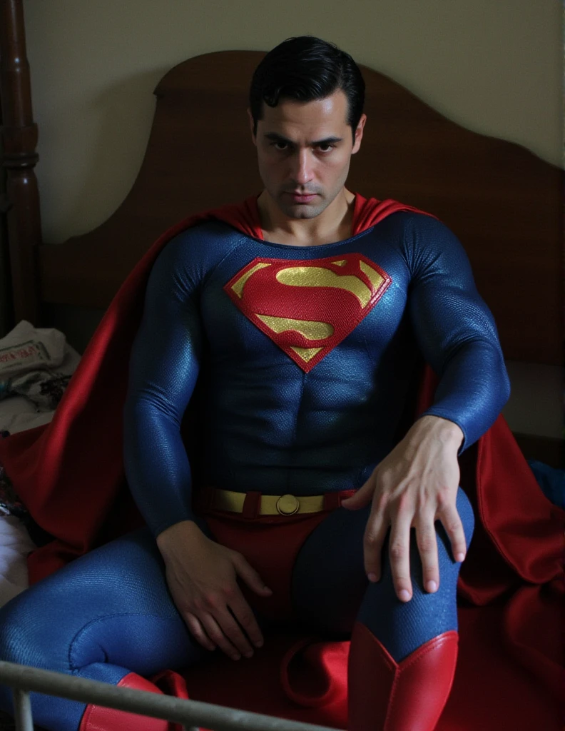 Man body setting，Superman costume tights , (bare thighs ) , sexy , NSFW , eroticism , R18 , seduction, standing , high raise thong , big thighs , fat hips. korean man
