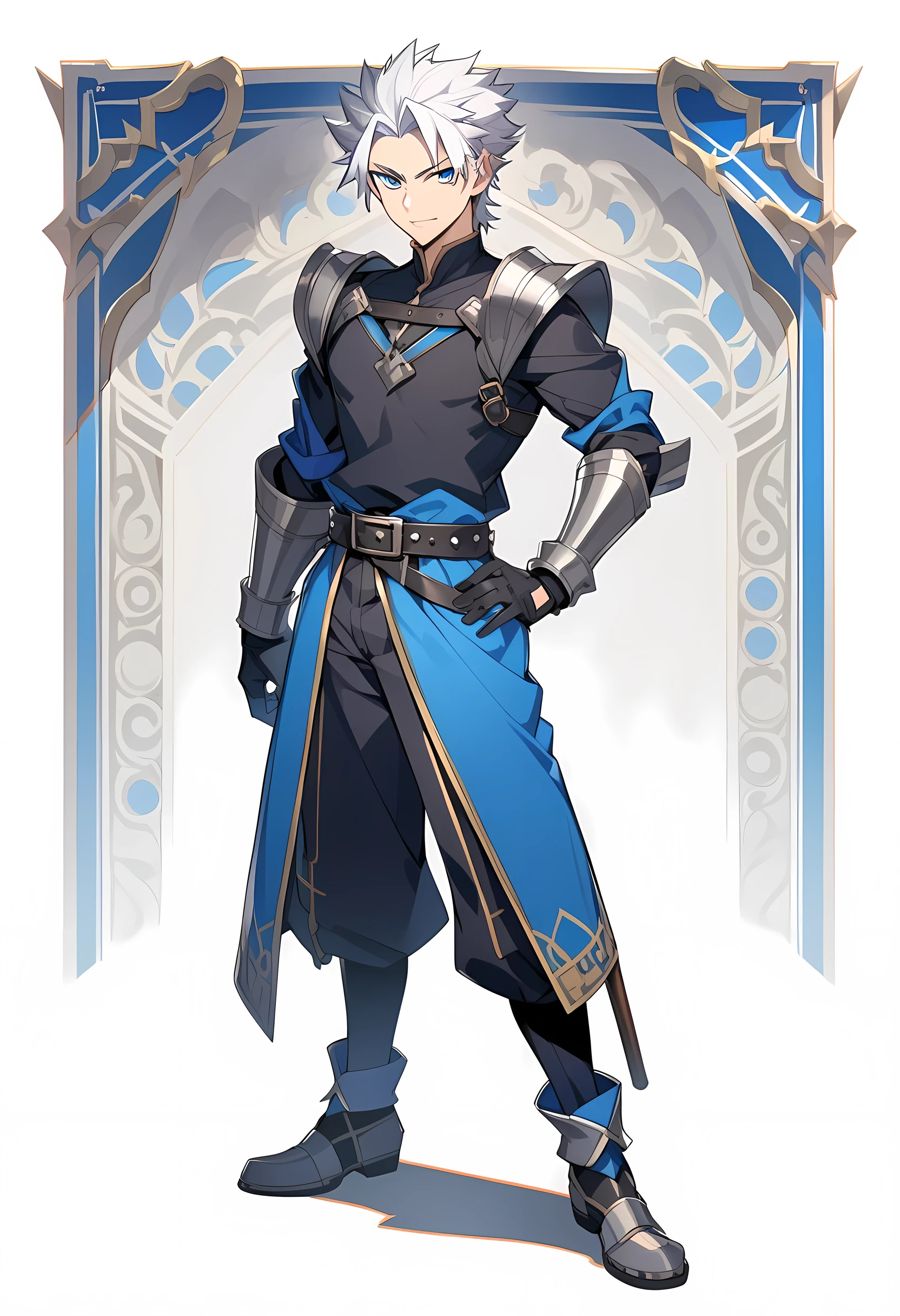  adult,  arrogant smile,  Short Hair ,  white hair, spiked hair, Blue eyes, defined, 13th century costume, Gloves, slim but athletic with medium muscles,  white hair, black Gloves,  belt, pants, Blue trim, black shirt, black pants,  full body 