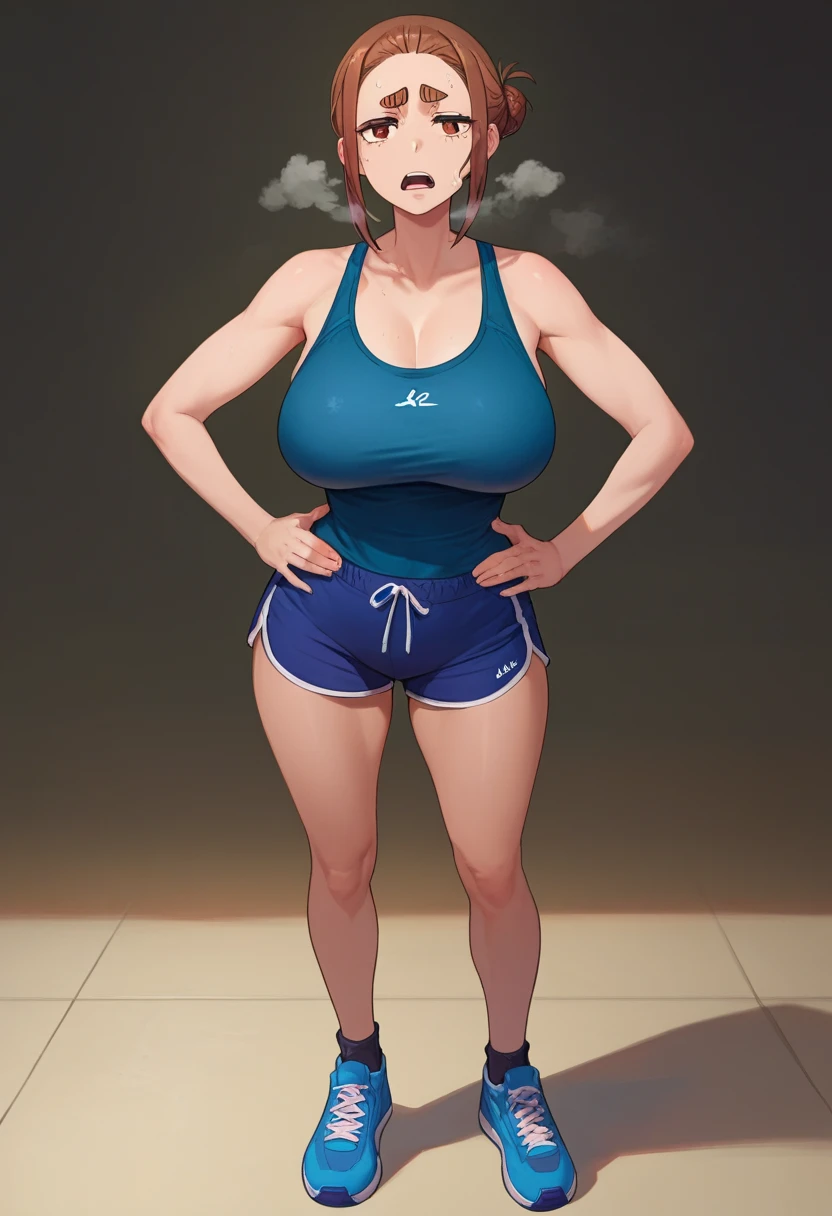 sumireko ogawa, 1girl,single bun,thick eyebrows, curvy body, curves, big breasts DDD+, hands on hips, red face, tired expression, dark blue sports tank top, dark blue shorts, tight shorts, open mouth, out of breath, steam coming out her mouth, full body shot