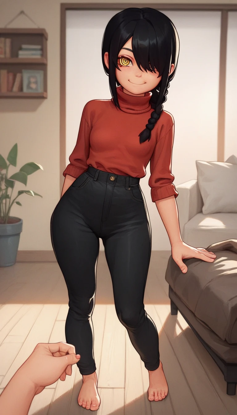 nayuta csm, Nayuta, 1girl, ringed eyes, black hair, yellow eyes, best quality, single braid, medium hair, hair over one eye, red sweeter, turtleneck sweeter, Black thighs, Standing, cute ass, , living room, looking at viewer, loli, young girl, small breasts, wide hips, thick legs, feet, smile, front view, pov view, Loli, Black pants, sexy pose