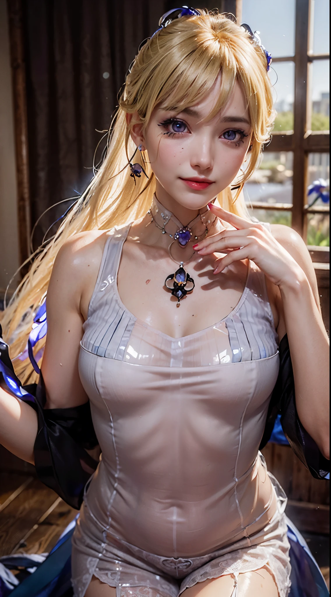 (masterpiece:1.3),(best quality:1.2),8k,absurdres,unity 8k wallpapper,(extremely detailed:1.3),highestres,(prison:1.2),1girl, solo, long hair, blush, smile, blue eyes, blonde hair, large breasts, hair ornament, gloves, dress, cleavage, hair between eyes, bare shoulders, medium breasts, very long hair, closed mouth, collarbone, upper body, flower, wings, choker, elbow gloves, tears, white gloves, hair flower, armpits, , white dress, blurry, arms up, collar, torn clothes, strapless, chain, bound, bdsm, crying, white flower, bondage, letterboxed, messy hair, strapless dress, restrained, crying with eyes open, wedding dress, bound wrists, sad, cage, chained