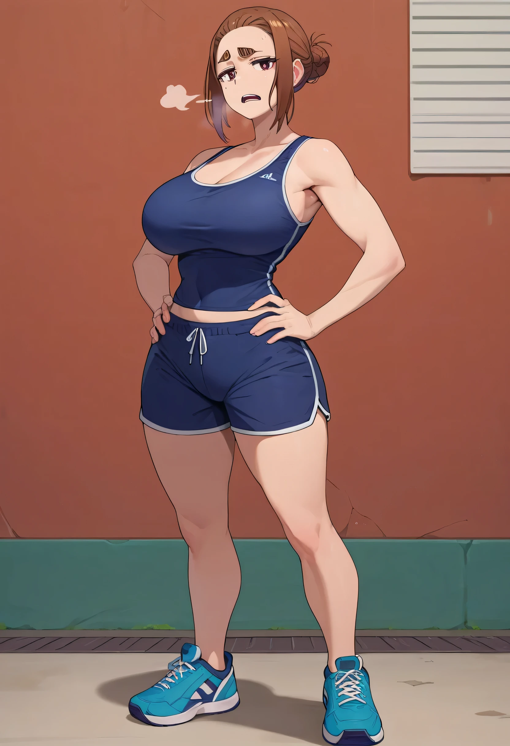 sumireko ogawa, 1girl,single bun,thick eyebrows, curvy body, curves, big breasts DDD+, hands on hips, red face, tired expression, dark blue sports tank top, dark blue shorts, tight shorts, open mouth, out of breath, steam coming out her mouth, full body shot