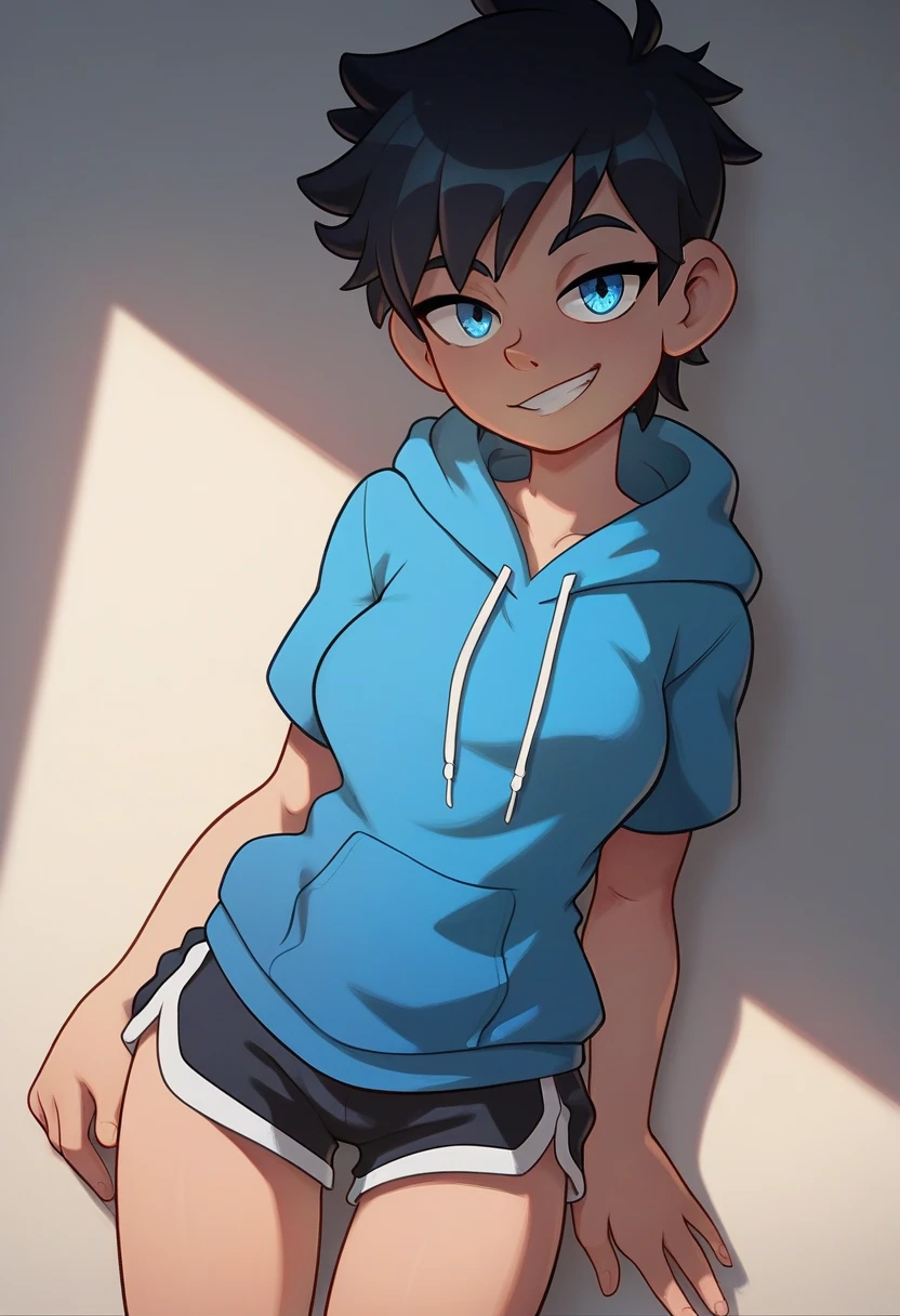 score_9, score_8_up, score_7_up, source_anime, best quality, clear face,fast skinny cool bright tomboy girl,black hair, blue eyes, medium hair, medium breasts, perfect body, s, looking at viewer, cool smile, mini black jumper shorts,plain blue hoodie,summer, dynamic angle,two hair strains on sides,medium hair,middle part,baggy clothes