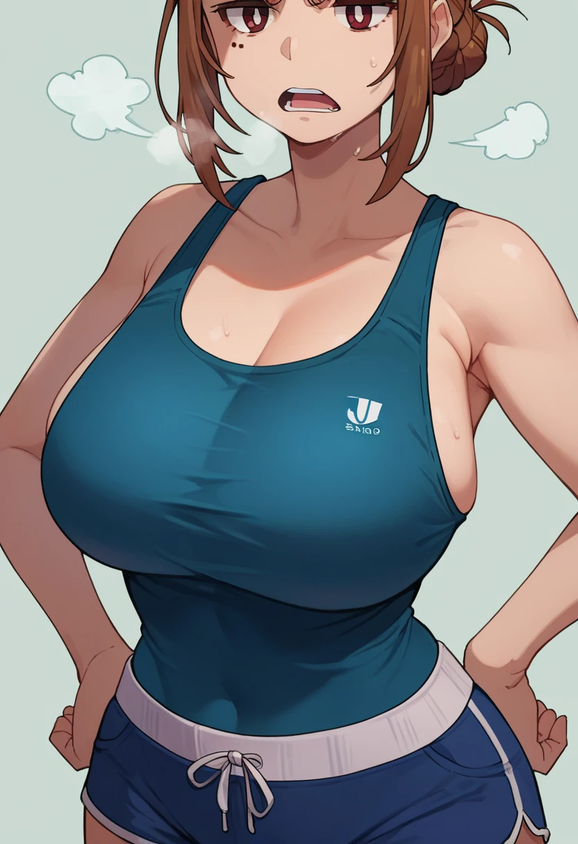 sumireko ogawa, 1girl,single bun,thick eyebrows, curvy body, curves, big breasts DDD+, hands on hips, red face, tired expression, dark blue sports tank top, dark blue shorts, tight shorts, open mouth, out of breath, steam coming out her mouth, half body shot