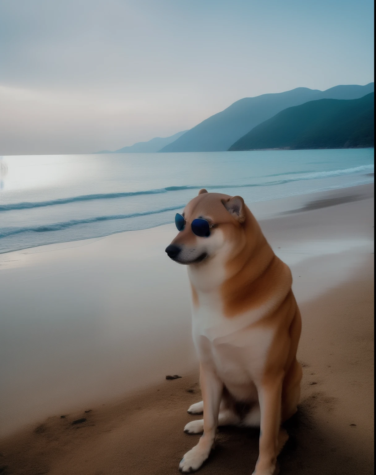 fine art portrait of Cheems on a private beach wearing sunglasses,  centered composition ,   cinematographic lighting 