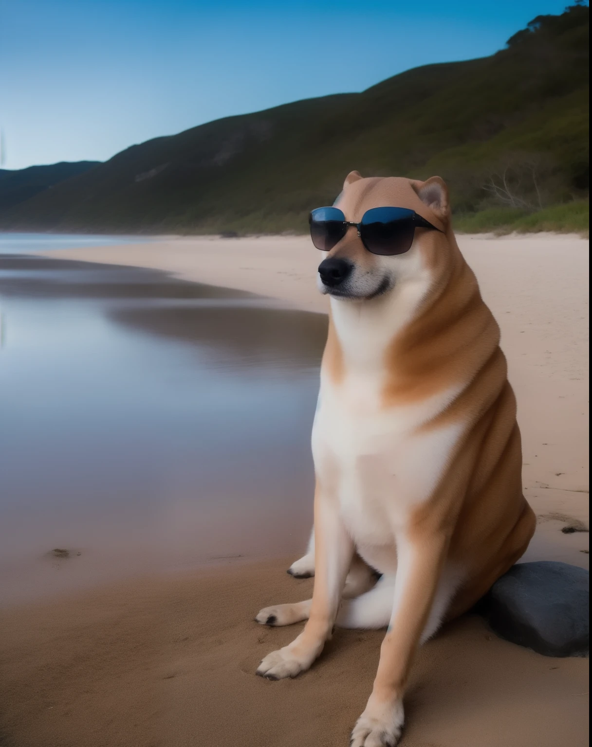 fine art portrait of Cheems on a private beach wearing sunglasses,  centered composition ,   cinematographic lighting 