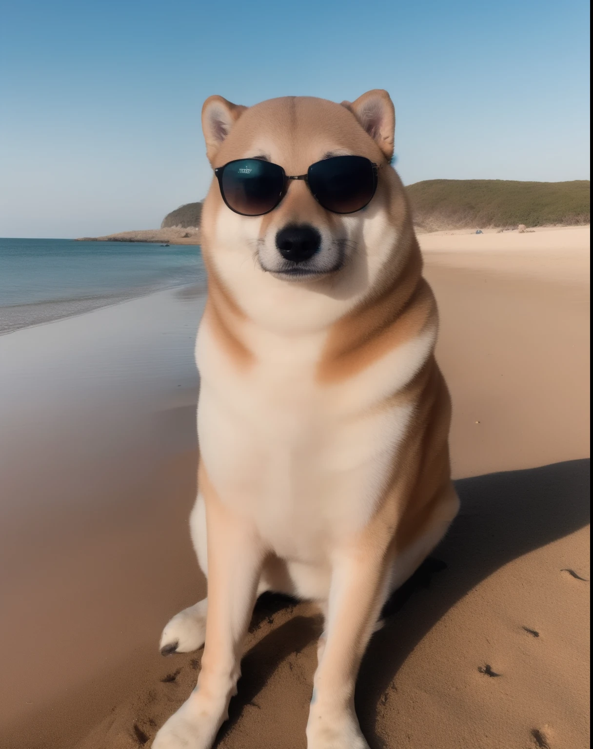 fine art portrait of Cheems on a private beach wearing sunglasses,  centered composition ,   cinematographic lighting 