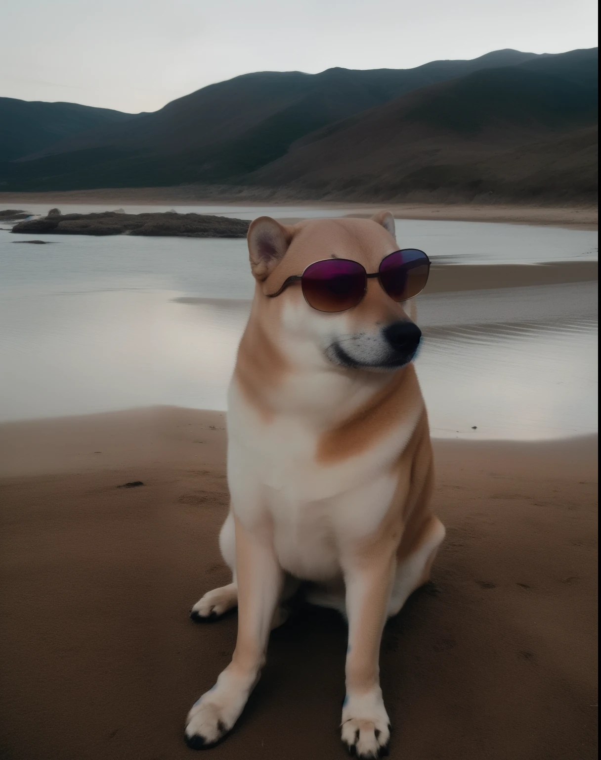 fine art portrait of Cheems on a private beach wearing sunglasses,  centered composition ,   cinematographic lighting 