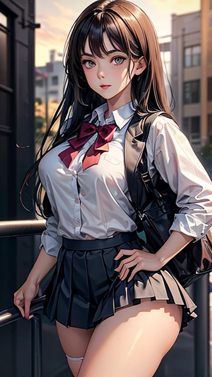 (2girls), Brown hair, Amazing face and eyes, Pink eyes, (hi-school uniform with wide open breasts:1.2), beautiful big breasts, bare breasts, (amazingly beautiful girl), Brown hair, (High School Uniform, Pleated mini-skirt:1.5), ((Best Quality)), (Ultra-detailed), (extremely detailed CG unified 8k wallpaper), Highly detailed, High-definition raw color photos, Professional Photography, (((Bokeh))), depth of fields,