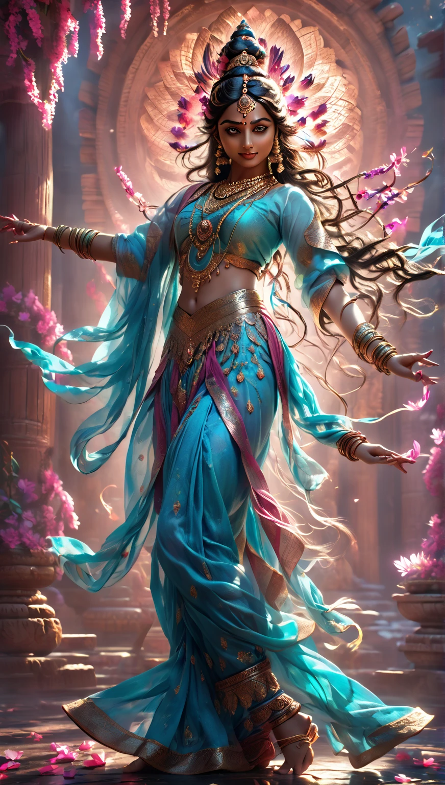  is a beautiful goddess of dance in Indian mythology,  1girl, intricate detailed costume  (Head),  detailed beautiful face ,  long hair, graceful pose, dancing,  azure and cherry-colored petals , dramatic lighting, shining aura, Digital art,  Main detail,  cinematic , bright colors,  photorealistic ,  masterpiece fails