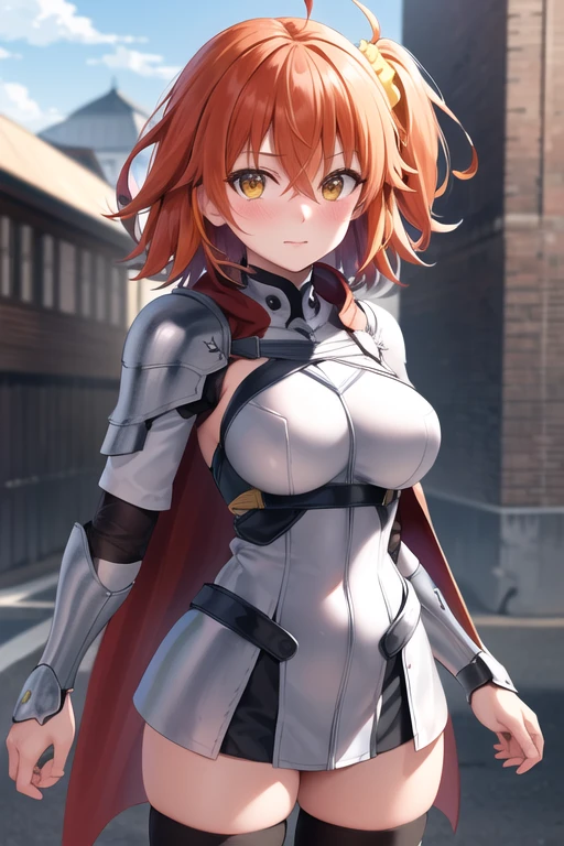 Fujimaru Ritsuka,short hair,orange hair,ahoge,hair between eyes,bangs,hair scrunchie,yellow scrunchie,yellow eyes,medium breasts,
((embroidery breastplate ,metal accent cape,thighhighs)),
1girl,(is embarrassing,big blush,closed mouth:1.0),
((standing,cowboy shot,looking at viewer:1.2)),
(city:1.0),clothed