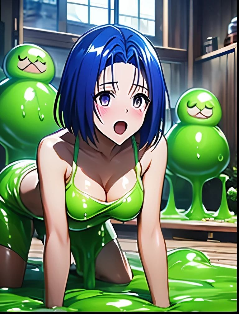 （（（ＳＦＷ、Precision、Highest quality、A first-class masterpiece、Normal body、8k、  Detailed Face 、Ultra-precision、 Normal hand、５refer to、Highest）））、 Sairenji Haruna、Blue hair bob cut、 short haired 、 high school girl、「 To Love Ru」、 caught by a large number of slime monsters 、 they are clutched by a large amount of slime and stand on all fours、 and my skin is exposed、 nipples seem to be visible during the TikTok live、The white bra and pants are in full view 、 I'm blushing because I'm embarrassed、I'm in agony with such a comfortable expression that my nipples are erect、I'm puzzled yet I'm panting with my mouth open 、 muddy slime sticking to my body 、The slime clings to the nipple and vibrates 、 slime caught by a large number of slime monsters in ruins is clinging to the clitoris and vibrating、 slime invades the vagina and vibrates 、Slime invades the mouth 、It feels good to be overrun uncontrollably by slime、Nipples get erect due to the aphrodisiac effects of slime 、 I'm captivated by pleasure and I'm shaking my hips、My eyes are in a heart pattern 