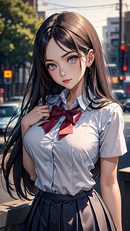 (2girls), Brown hair, Amazing face and eyes, Pink eyes, (hi-school uniform with wide open breasts:1.2), beautiful big breasts, bare breasts, (amazingly beautiful girl), Brown hair, (High School Uniform, Pleated mini-skirt:1.5), ((Best Quality)), (Ultra-detailed), (extremely detailed CG unified 8k wallpaper), Highly detailed, High-definition raw color photos, Professional Photography, (((Bokeh))), depth of fields,