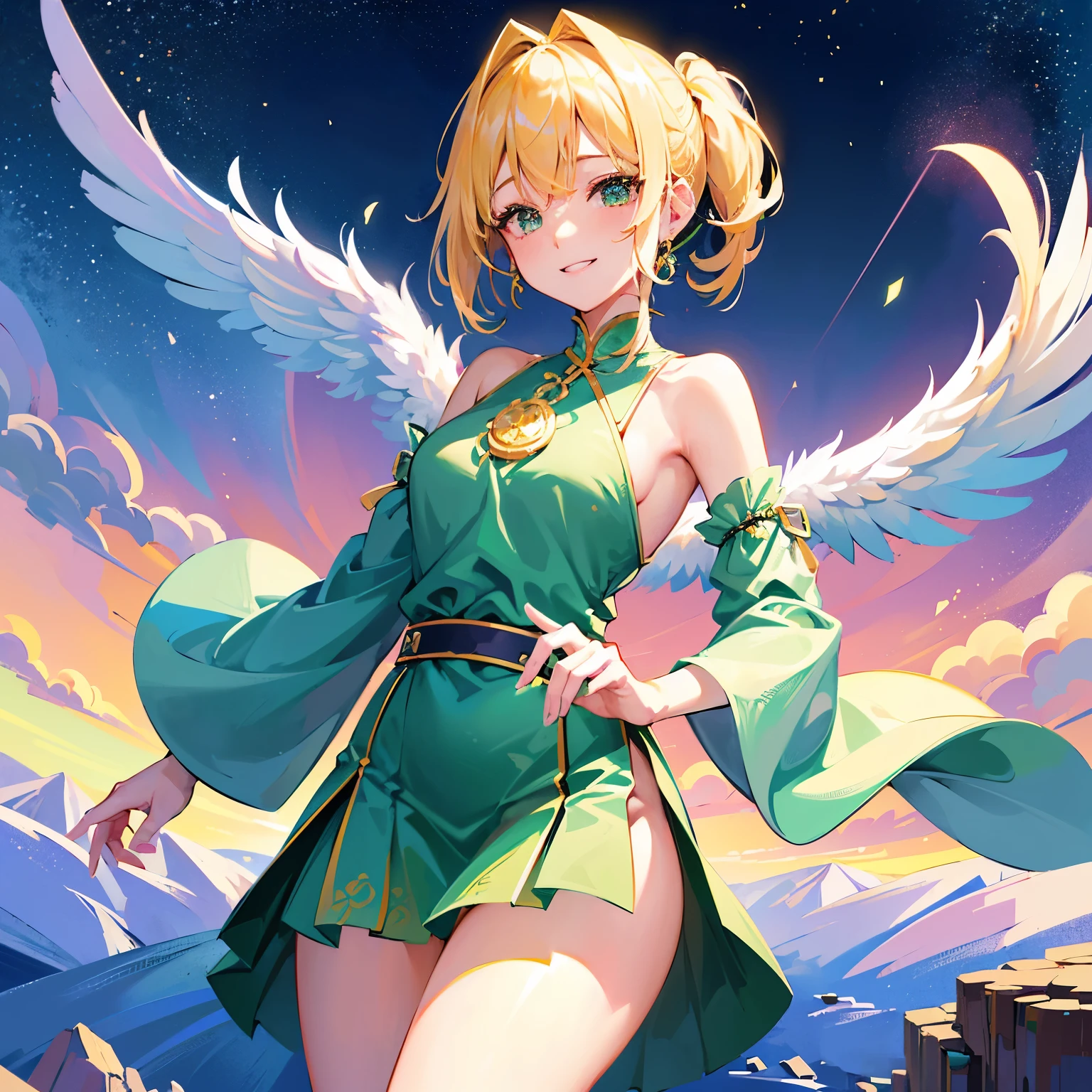 Bianca chanting a spell,(shoot from below),((white panties)),(storm from below),thundercloud,dqBianca,
single braid,((green dress)), earrings, choker, orange cape, belt