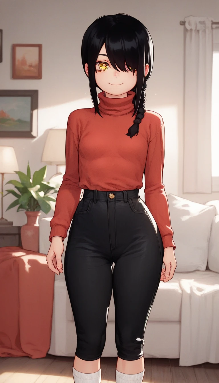 nayuta csm, Nayuta, 1girl, ringed eyes, black hair, yellow eyes, best quality, single braid, medium hair, hair over one eye, red sweeter, turtleneck sweeter, Black thighs, Standing, cute ass, , living room, looking at viewer, loli, young girl, small breasts, wide hips, thick legs, White socks, smile, front view, Loli, Black pants, sexy pose, Loli girl