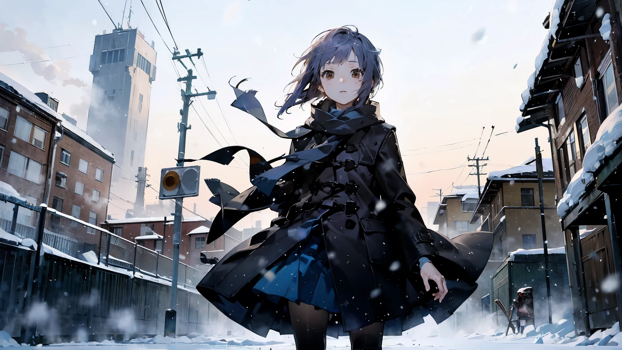 ( Masterpiece ),( top quality), Yuki, Black Coat , white muffler, black tights、 knee-high, Empty Eyes, Expressionless face, , snow, snowing, wind、windになびくコート、 the above、海外のsnow景色の街