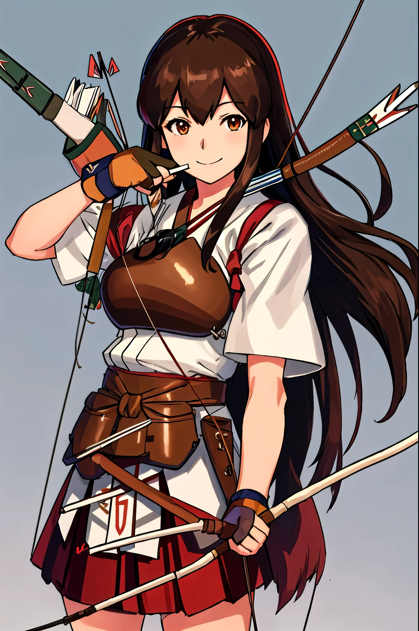  top quality,   Masterpiece ,  high definition , Alone, {Akagi_  FLEET COLLECTION:1.15}, length_hair, brown_hair, brown_eye, breastplate, tasuki, smile,  1 girl,  Archery , Arrow_\(発射body\), bow_\(arms\),  glovess,  Similarly ,  Similarly _ skirt, HOLDING , HOLDING _bow_\(arms\), HOLDING _arms,  Japanese _clothes, Partial_Fingerless_ glovess, single_ gloves,  skirt, arms, yugake, eye指す, drawing_bow,  Similarly _short_ skirt, HOLDING _Arrow,  upper_body, I reached out my hand_arm, Arrow tube