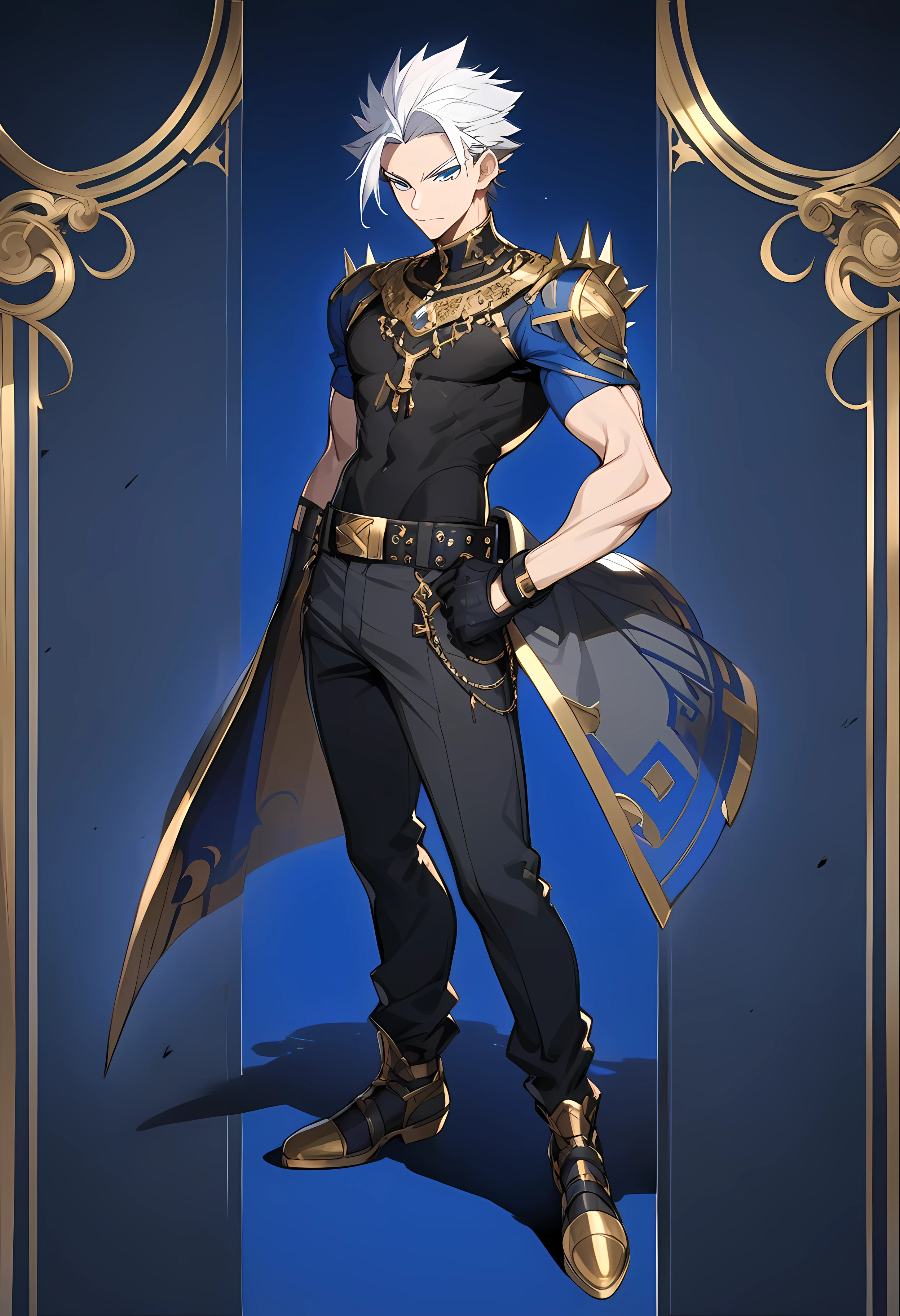 Young adult,  arrogant smile,  Short Hair ,  white hair, spiked hair, Blue eyes, defined, shirt, Gloves, slim but athletic with medium muscles,  white hair, black Gloves,  belt, pants, Blue trim, black shirt, black pants, gold ornament,  full body 