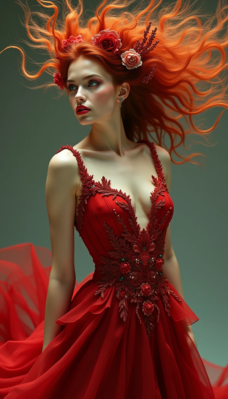 (hentai:1.4),(beautiful woman:1.2),(Vulgarity Porn red hair actress:1.3), red hair woman in revealing sexy fabric posing in the runway show, she hold flower, a portrait inspired by Ryan Barger, tumblr, dada, amazon sexy revealing, feminine warrior, goddes woman amazon, powerful stunning goddess, very beautiful, tiara on her head