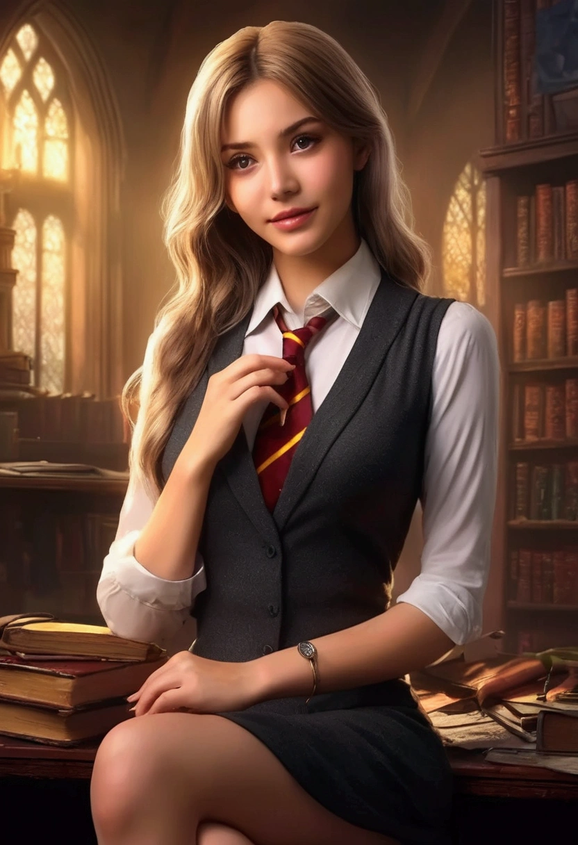 (hogwarts academy) a cute young female substitute magic  teacher in her 20s, unbuttoned blouse, short skirt, delicate magical emblems, sitting on her desk, legs crossed gently kicking no panties, neatly trimmed pubic hair, breasts dangling with no bra, absently casting magic symbols to the black board, hyper realistic, 8k, intricate details, photorealistic, dramatic lighting, cinematic composition, elegant, seductive, sensual
