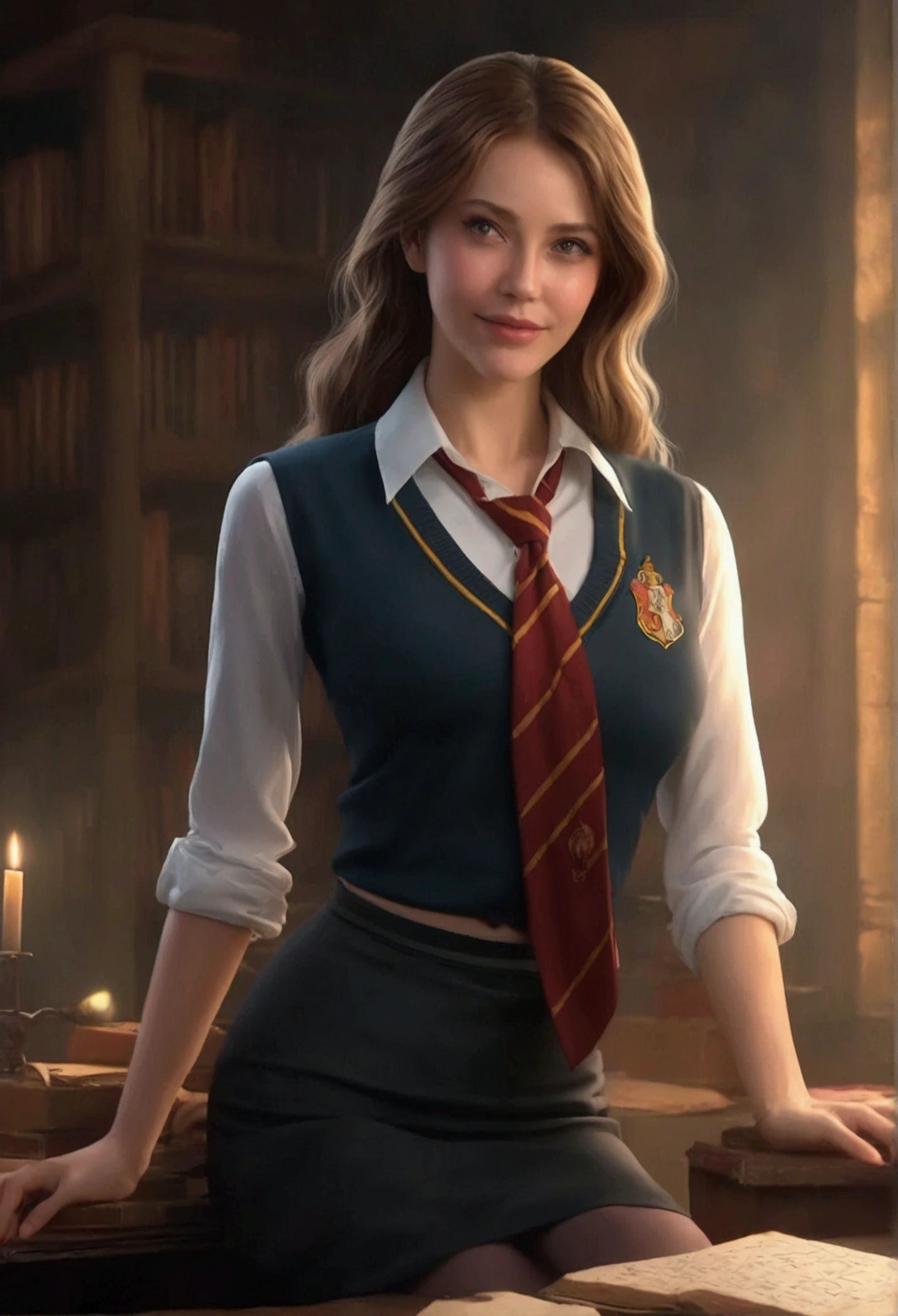 (hogwarts academy) a cute young female substitute magic  teacher in her 20s, unbuttoned blouse, short skirt, delicate magical emblems, sitting on her desk, legs crossed gently kicking no panties, neatly trimmed pubic hair, breasts dangling with no bra, absently casting magic symbols to the black board, hyper realistic, 8k, intricate details, photorealistic, dramatic lighting, cinematic composition, elegant, seductive, sensual
