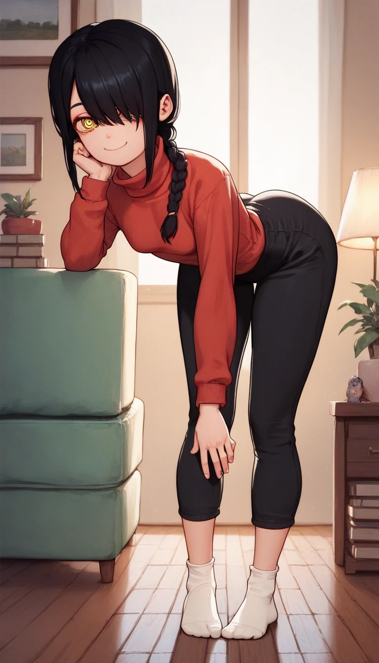 nayuta csm, Nayuta, 1girl, ringed eyes, black hair, yellow eyes, best quality, single braid, medium hair, hair over one eye, red sweeter, turtleneck sweeter, Black thighs, Standing, cute ass, , living room, looking at viewer, loli, young girl, small breasts, wide hips, thick legs, White socks, smile, front view, Loli, Black pants, sexy pose, Loli girl, bent over 