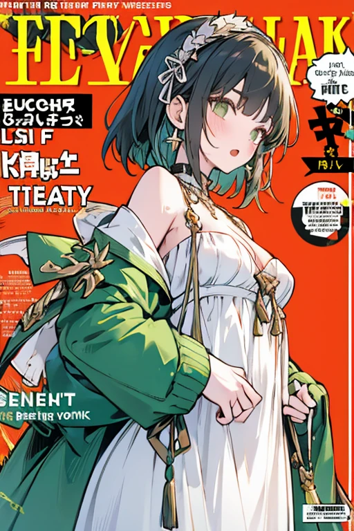 1girl,solo,goblin girl,black hair, short hairs,red eye,colored skin,green ,huge breasts,smug,bikini,ring earrings,upper body,looking at viewer,magazine cover,beach,covered nipple,hand behind head
