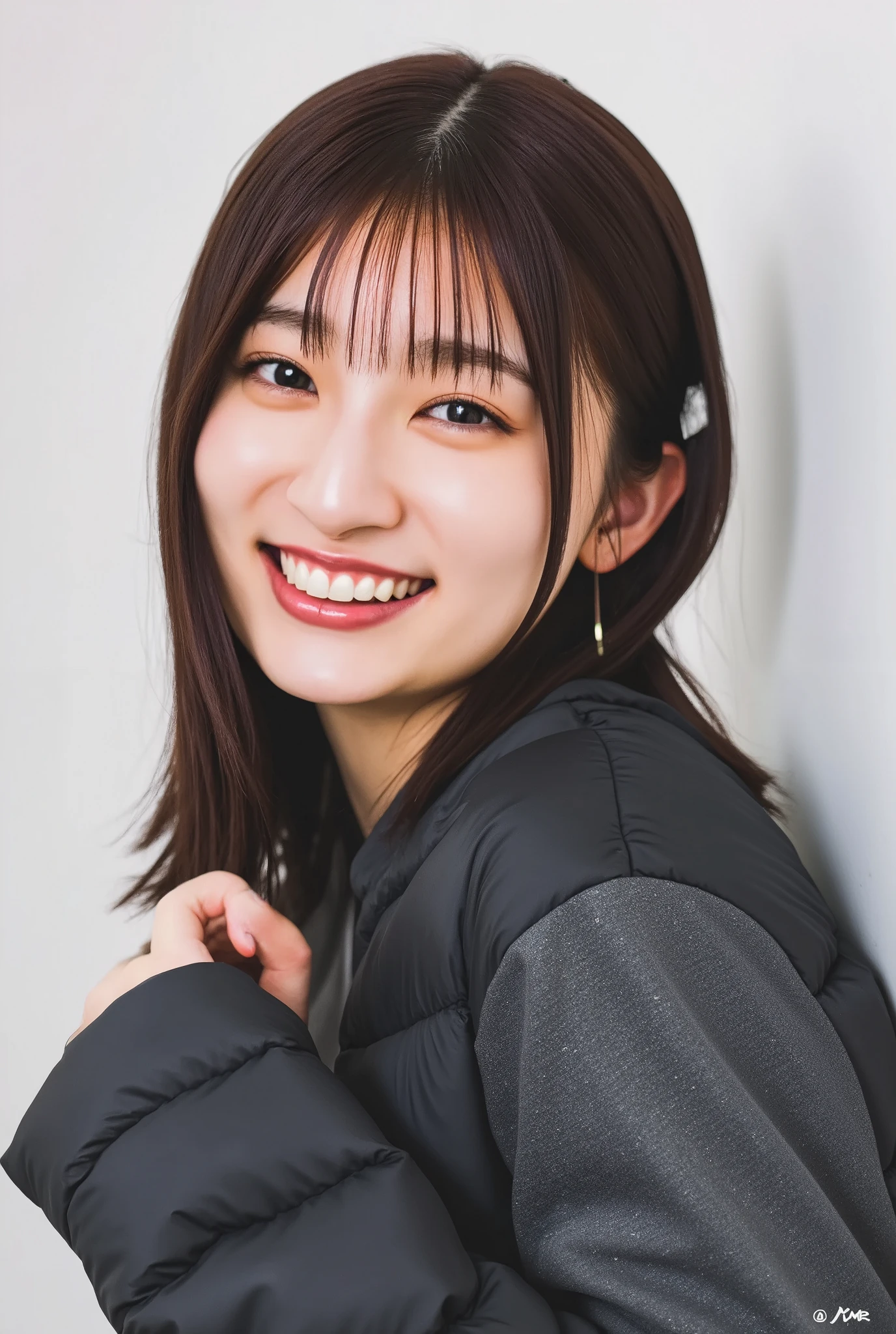 young Japanese woman、Yoshikawa Ai、 black down jacket、 trainer、smile、 beautiful alignment of teeth、 ear piercing、 white background 、 upper body