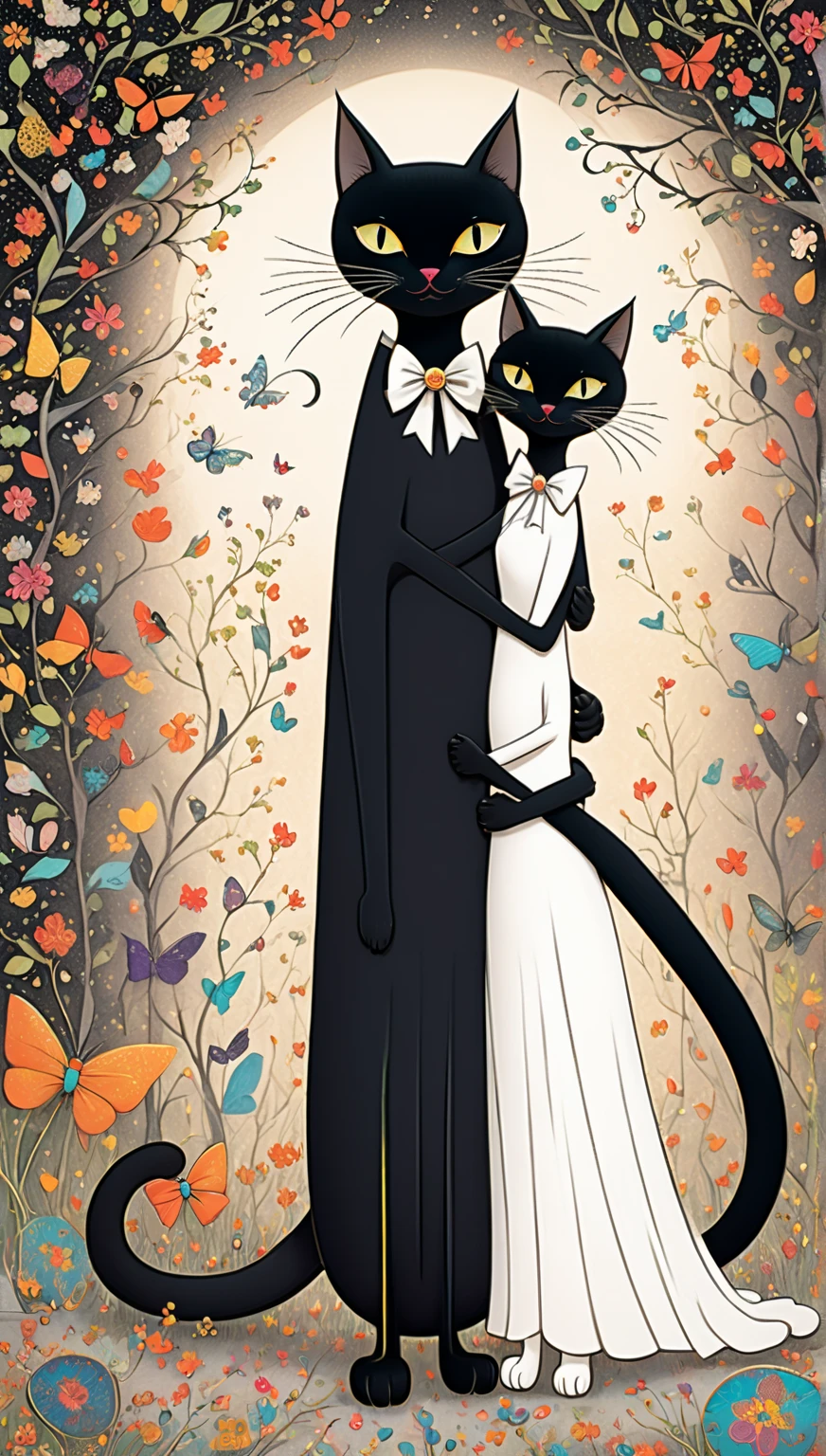 in the style of Jane Crowther, cartoonish,funky, fantastical, unreal elongated black cat hugs an elongated white cat with a bow ,nail,colored pencils