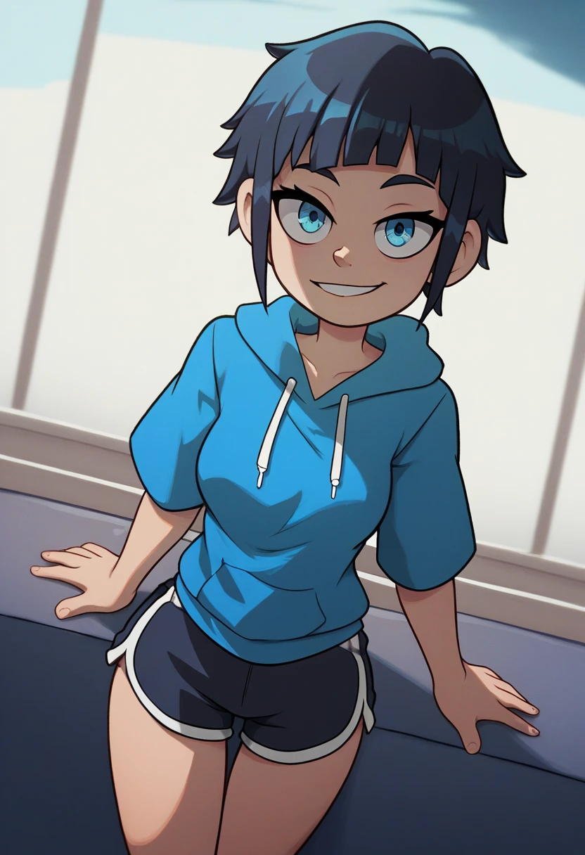 score_9, score_8_up, score_7_up, source_anime, best quality, clear face,fast skinny cool bright tomboy girl,black hair, blue eyes, medium hair, medium breasts, perfect body, s, looking at viewer, cool smile, mini black jumper shorts,plain blue hoodie,summer, dynamic angle,two hair strains on sides,medium hair,middle part,baggy clothes,Short Bangs