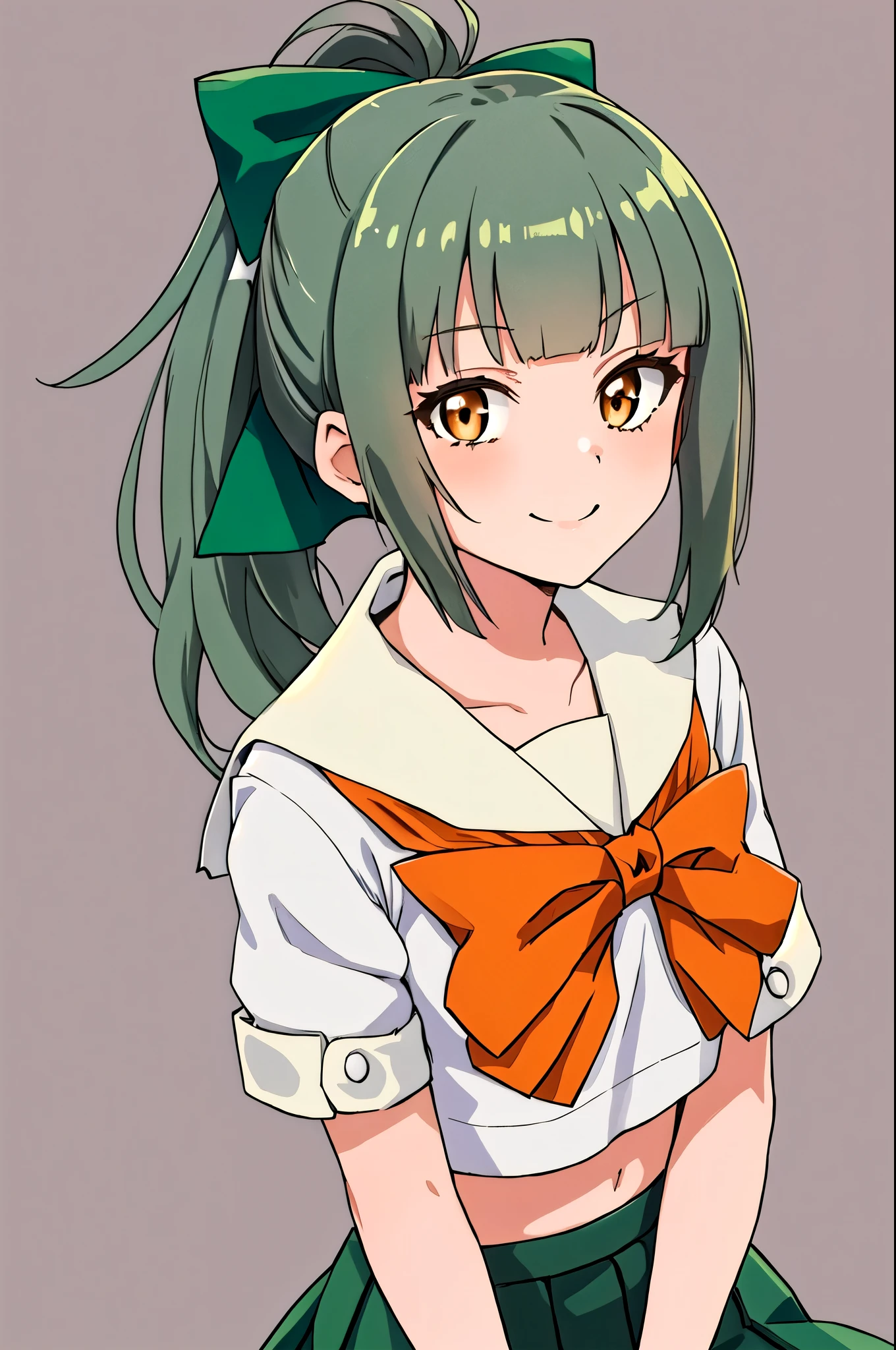  top quality,   Masterpiece ,  high definition , Alone, {Yubari_  FLEET COLLECTION:1.15},  ponytail, 前hair, brown_eye, bow, hair_bow, green_hair, gray_hair, Seraph, smile,  1 girl, bowtie,  orange _bow,  orange _bowtie, School_uniform, Simple_background, green_bow,  watching _in_ viewer, Sailor_ color,  upper_body, white_background, short_sleeve