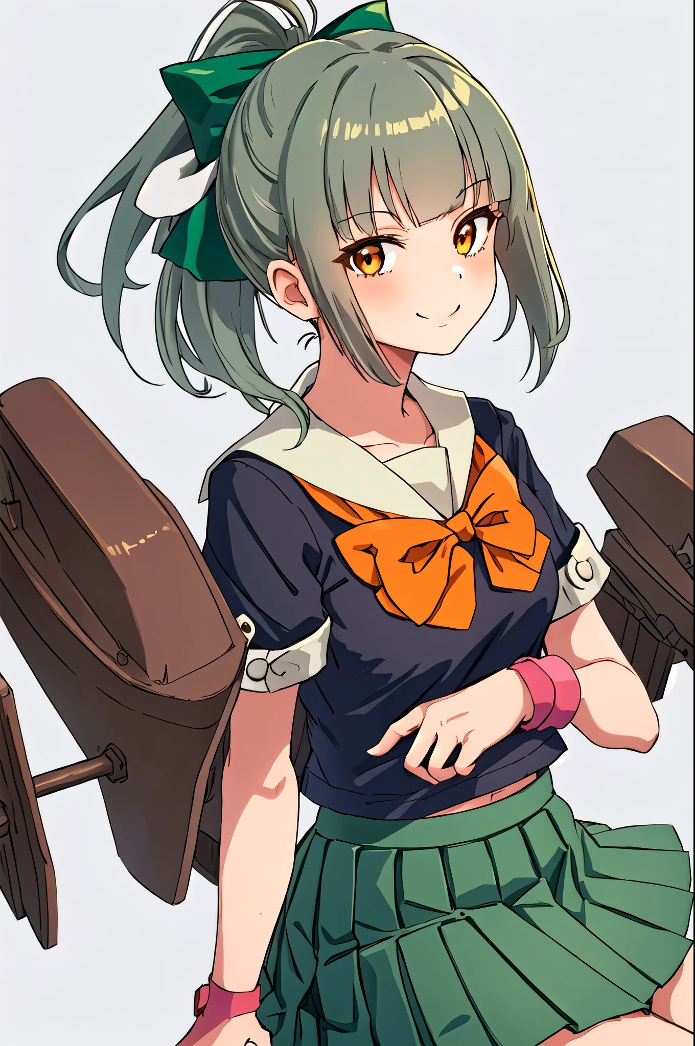  top quality,   Masterpiece ,  high definition , Alone, {Yubari_  FLEET COLLECTION:1.15},  ponytail, 前hair, brown_eye, bow, hair_bow, green_hair, gray_hair, Seraph, smile,  1 girl, bowtie,  orange _bow,  orange _bowtie, School_uniform, Simple_background, green_bow,  watching _in_ viewer, Sailor_ color,  upper_body, white_background, short_sleeve