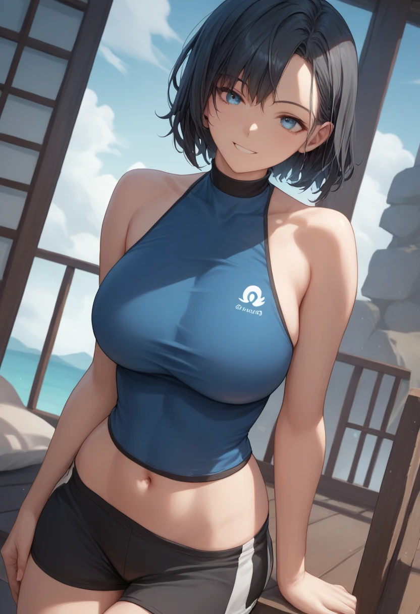 score_9, score_8_up, score_7_up, source_anime, best quality, clear face,skinny cool girl,black hair, blue eyes, medium hair, large breasts, perfect body, s, looking at viewer, cool smile, mini black shorts,blue shirt,summer, dynamic angle,two hair strains on sides,medium hair,middle part,tight clothes,Pants Down Barely Covered pussy,sexy pose