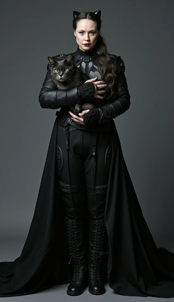 Full body shot of a fierce female hybrid blending the essence of Batman and Catwoman, her oval face featuring delicate features. She holds a cat in her arms, wrapped around her figure, emanating an aura of vengeance and lethal elegance. Her large, expressive eyes are penetrating and intense, filled with supernatural fury and the cunning of a trained assassin, ready to unleash her wrath. Sturdy boots. Shot taken with a Canon camera. --ar 9:16 --v 6.1.