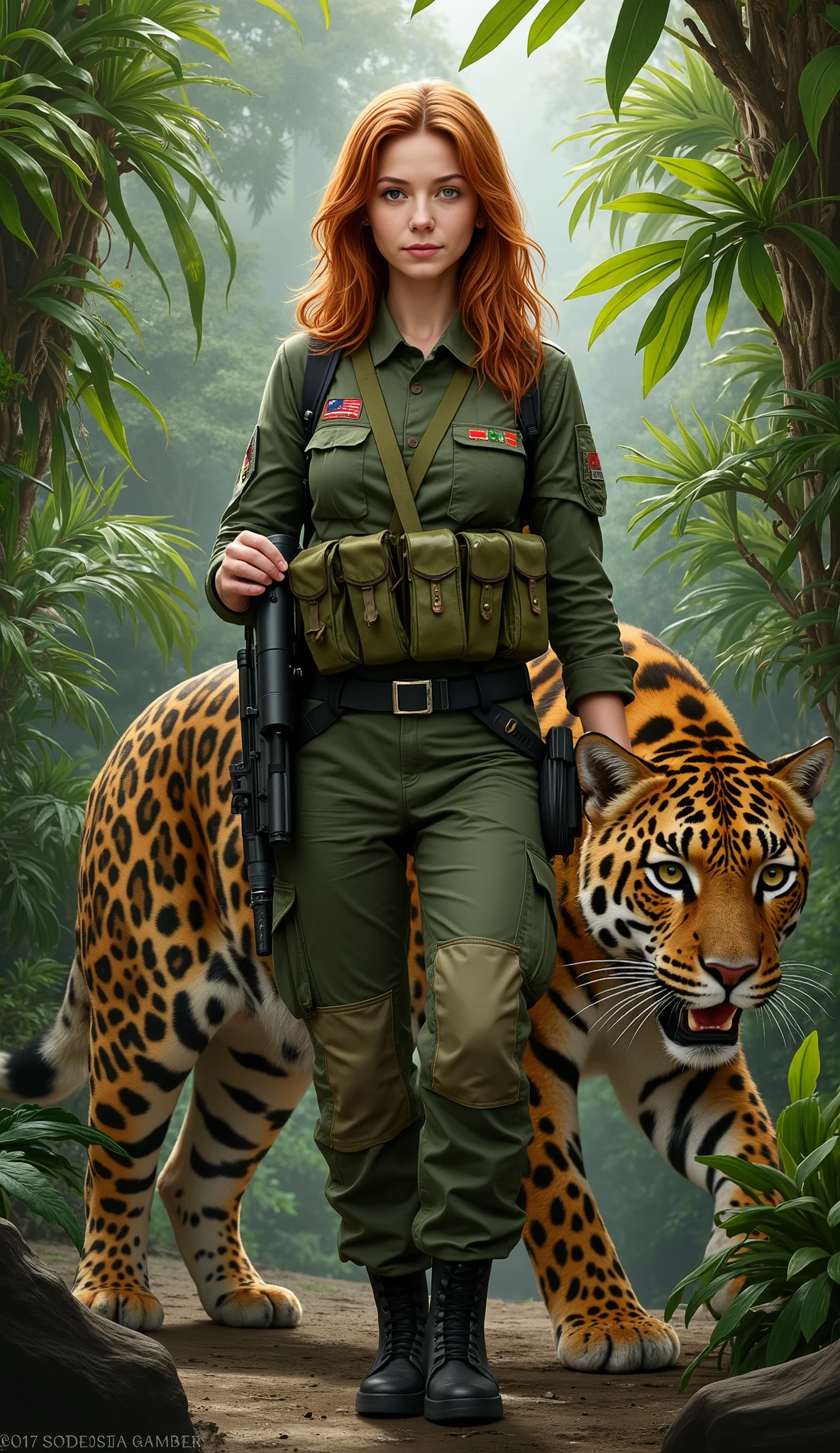 Full body portrait of a red-haired woman in the uniform of a soldier from the United States. She is standing in a jungle and next to her a jaguarHigh resolution , masterpiece , Necessary,