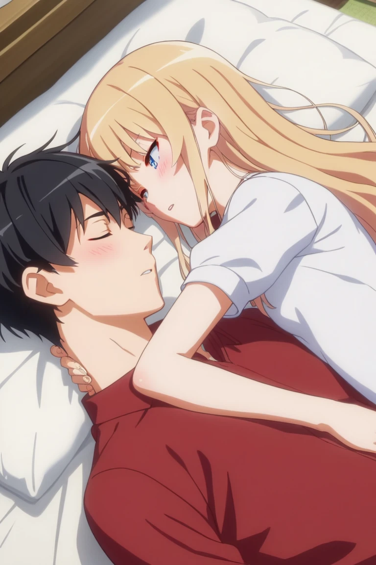 1girl,Eriri blonde hair,blue eyes,sawamura spencer eriri,long hair, small breast,      High Resolution, Masterpiece, High Quality,  anime screencap,  dynamic angle, takeda hiromitsu style,     blushing, small breasts, couple, lying together, 1girl, shorter arms,smaller, petite, holding him,1male, close to her, 1girl, 1boy, couple (relationship), sleeping together, couple, hetero male, light skinnend male black haired male, on bed, lying on bed, bedroom, cowboy shot, male with black hair,