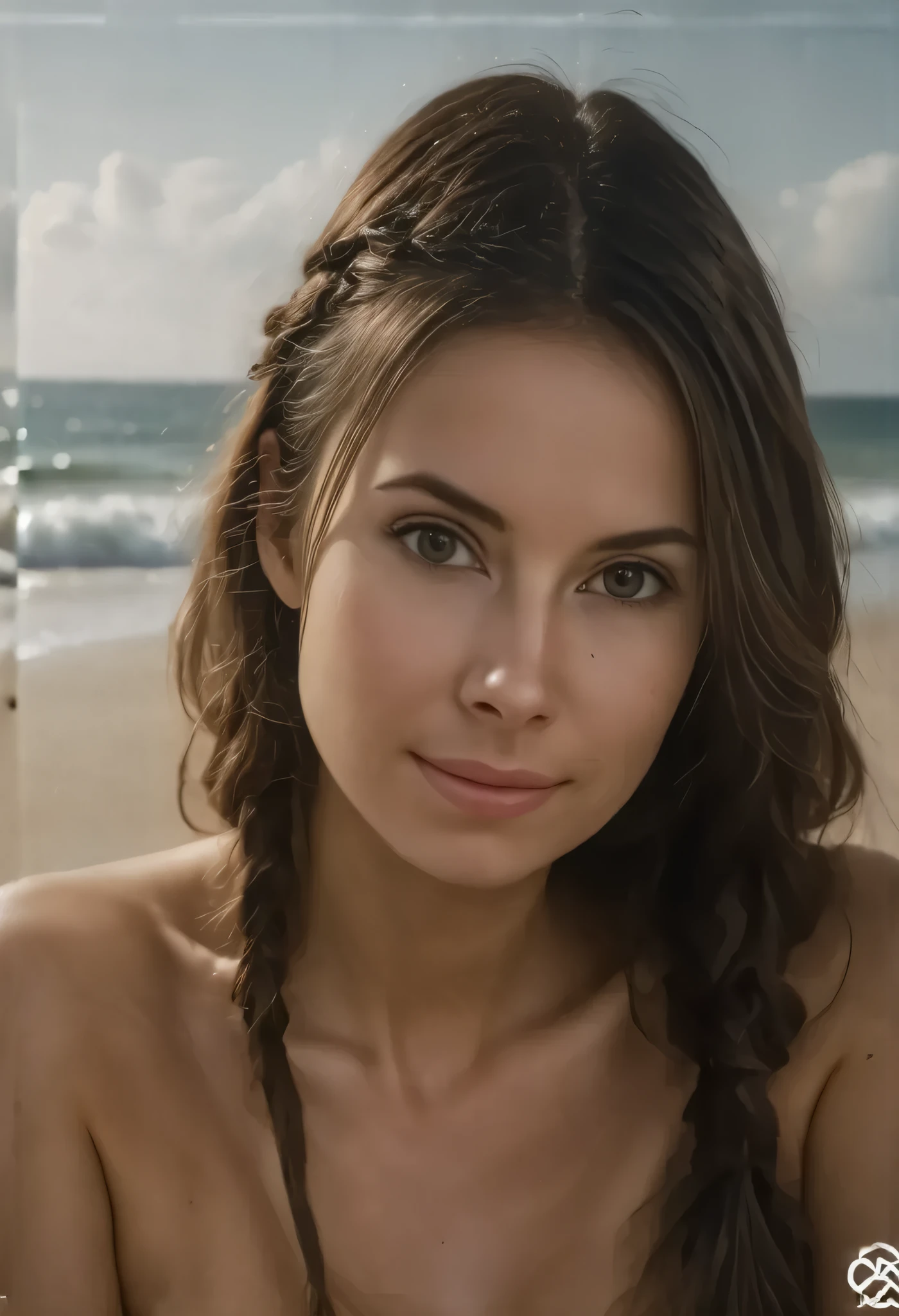 sfw:2, a beautiful girl on a sandy beach , Long brown hair, ocean waves in the background , warm sunlight,  looking at the camera with a serene expression, ( better quality ,4k,8K,highres, masterpiece :1.2), ultra detailed ,( realistic ,photo realistic ,photo- realistic :1.37), Detailed face, beautiful and detailed eyes , beautiful detailed lips , extremely detailed eyes and face, long eyelashes , Dynamic Pose , golden hour lighting , vibrant colors, film composition 